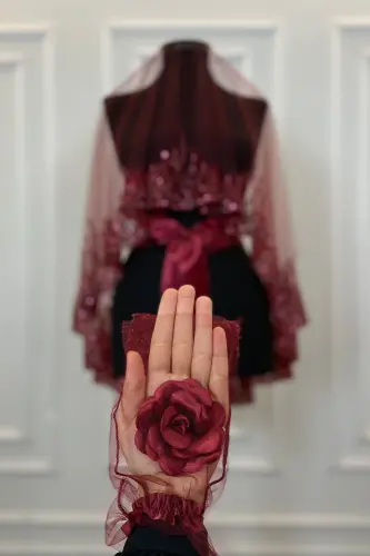 Bordo Alev Desen Gelin Duvak Seti, Pullu Boncuklu Su Taşlı Kına Duvağı Seti 6 Parça-Bordo - 4