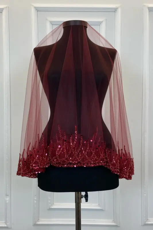 Bordo Alev Desen Gelin Duvak Seti, Pullu Boncuklu Su Taşlı Kına Duvağı Seti 6 Parça-Bordo - 6