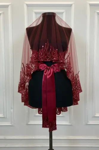 Bordo Alev Desen Gelin Duvak Seti, Pullu Boncuklu Su Taşlı Kına Duvağı Seti 6 Parça-Bordo - 7