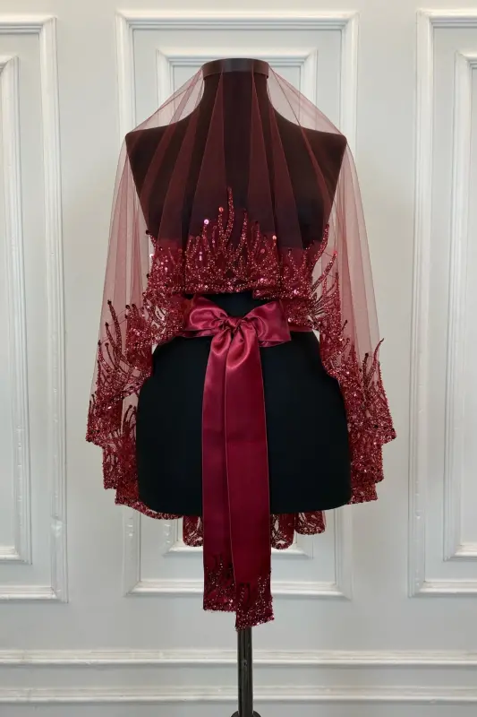 Bordo Alev Desen Gelin Duvak Seti, Pullu Boncuklu Su Taşlı Kına Duvağı Seti 6 Parça-Bordo - 7