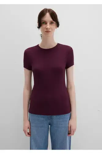 Mor Basic Tişört Fitted / Vücuda Oturan Kesim 1613081-70434-Bordo - 4