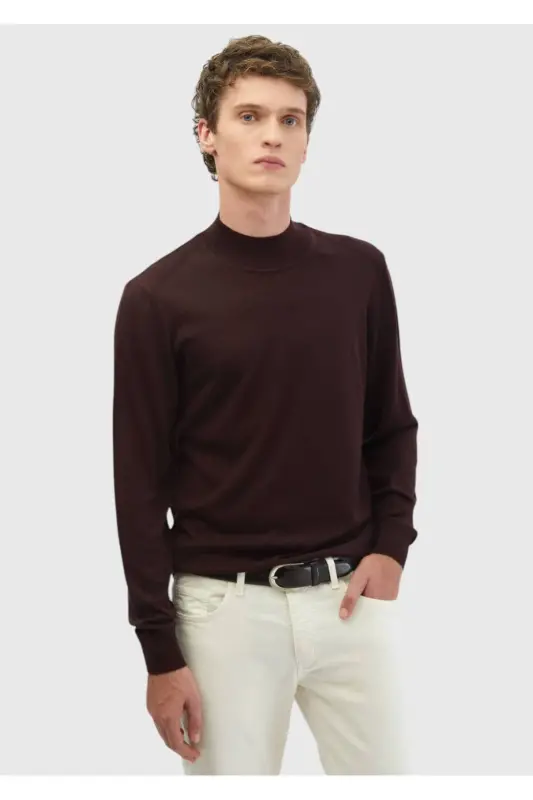 Bordo Bato Yaka Düz Örgü Yün Karışımlı Triko-Bordo - 3