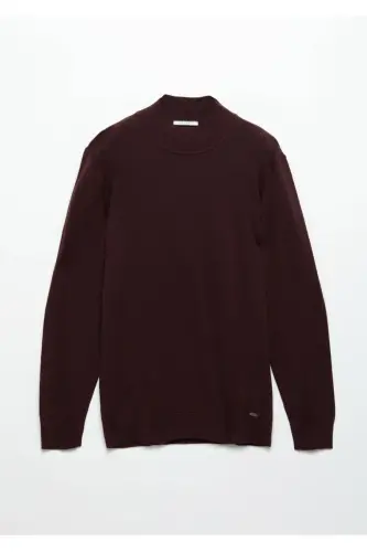 Bordo Bato Yaka Düz Örgü Yün Karışımlı Triko-Bordo - 6