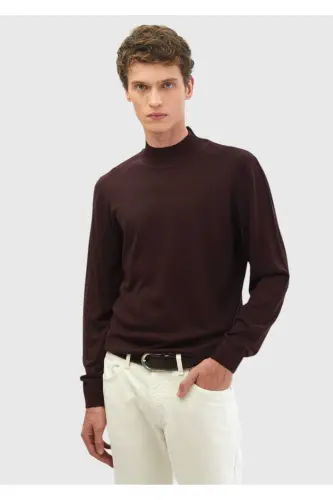 Bordo Bato Yaka Düz Örgü Yün Karışımlı Triko-Bordo - 1
