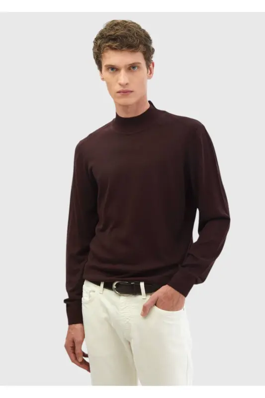 Bordo Bato Yaka Düz Örgü Yün Karışımlı Triko-Bordo - 1