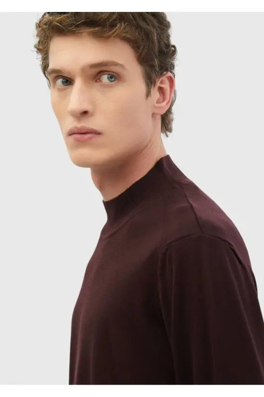 Bordo Bato Yaka Düz Örgü Yün Karışımlı Triko-Bordo - 4
