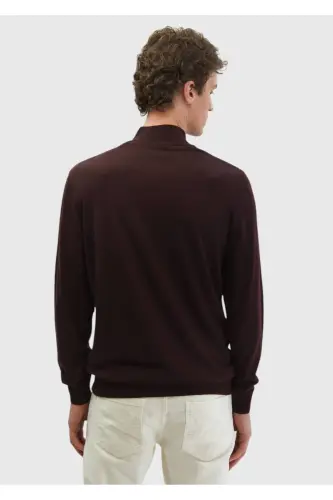 Bordo Bato Yaka Düz Örgü Yün Karışımlı Triko-Bordo - 5