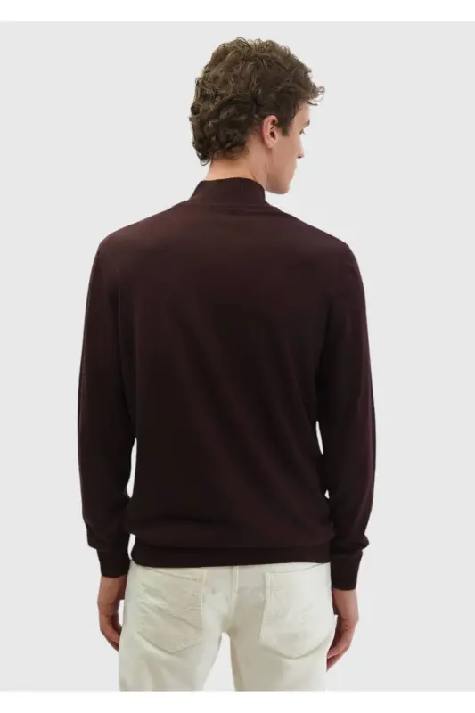 Bordo Bato Yaka Düz Örgü Yün Karışımlı Triko-Bordo - 5