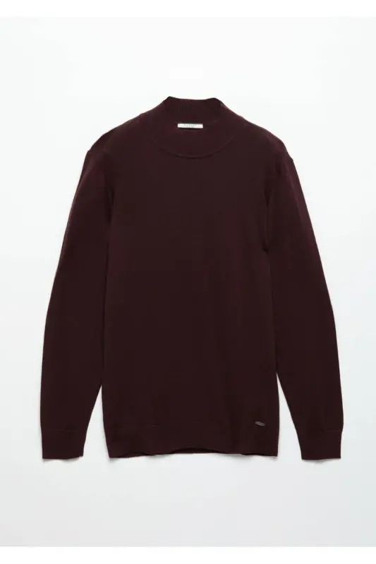 Bordo Bato Yaka Düz Örgü Yün Karışımlı Triko-Bordo - 6