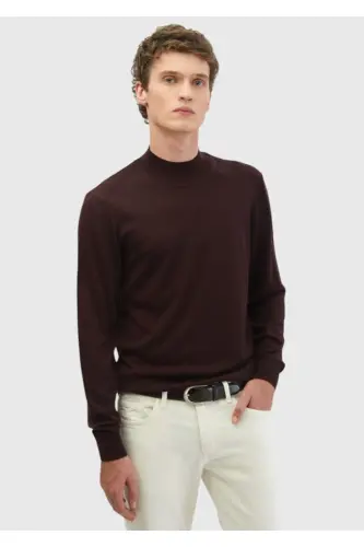 Bordo Bato Yaka Düz Örgü Yün Karışımlı Triko - Bordo - 3
