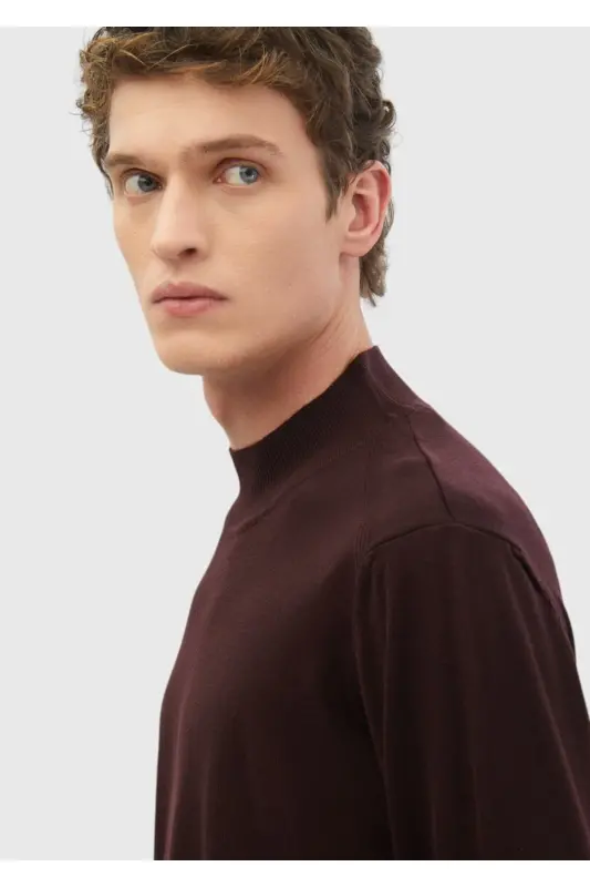 Bordo Bato Yaka Düz Örgü Yün Karışımlı Triko - Bordo - 4