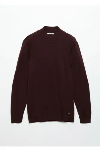 Bordo Bato Yaka Düz Örgü Yün Karışımlı Triko - Bordo - 6