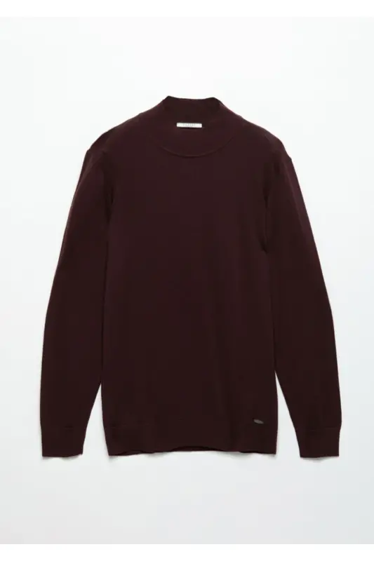 Bordo Bato Yaka Düz Örgü Yün Karışımlı Triko - Bordo - 6