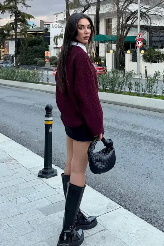 Bordo Bisiklet Yaka O'rma Triko Kazak MG2009-Bordo - 3