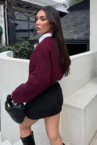 Bordo Bisiklet Yaka Örme Triko Kazak MG2009-Bordo - MADMEXT (1)