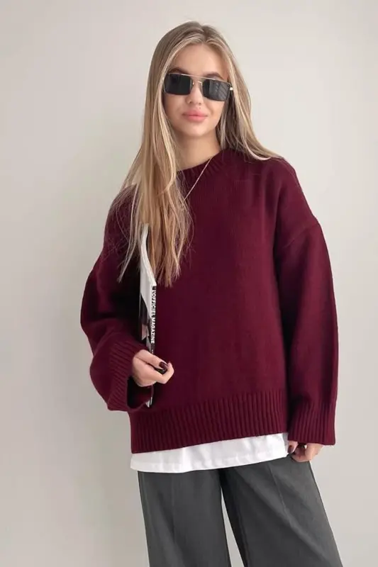 Bordo Bisiklet Yaka Oversize Triko Kazak MG1972 - Bordo - 1