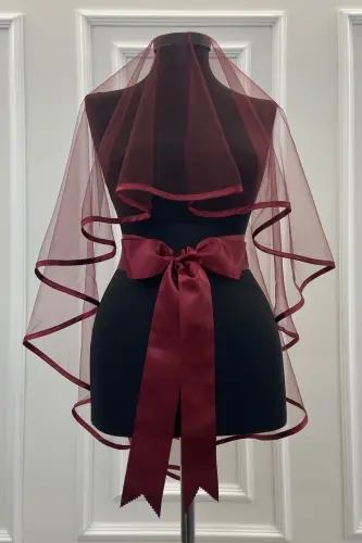 Bordo Biyeli Gelin Duvak Kuşak Eldiven Tam Set Kına Gecesi Düğün Nikah - BİYELİBORDO 