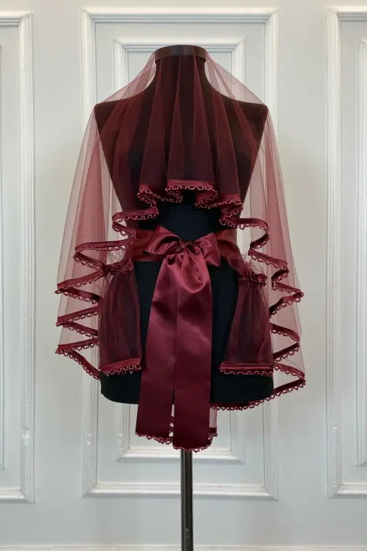 Bordo Biyeli Ucu Boncuklu Gelin Duvak Kuşak El Gülü Eldiven Set Kına Gecesi Yüz Örtüsü 6 Parça-SAÇAKLIBİYELİBORDO - 2