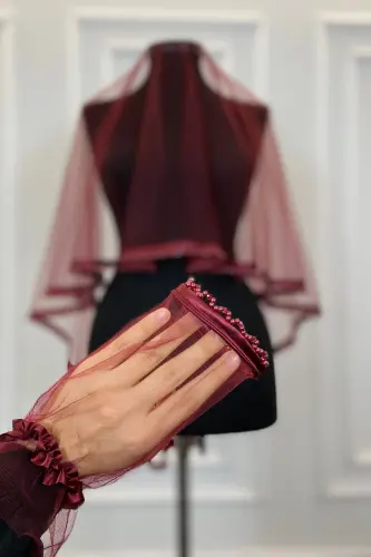 Bordo Biyeli Ucu Boncuklu Gelin Duvak Kuşak El Gülü Eldiven Set Kına Gecesi Yüz Örtüsü 6 Parça-SAÇAKLIBİYELİBORDO - 4