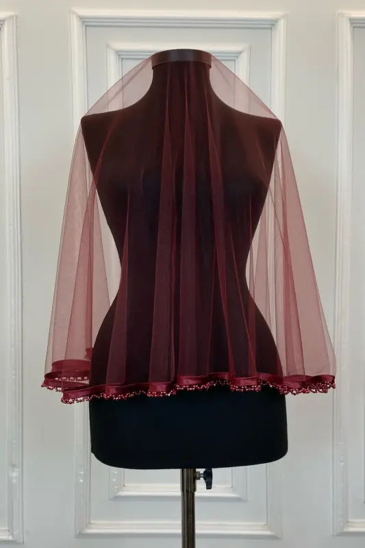 Bordo Biyeli Ucu Boncuklu Gelin Duvak Kuşak El Gülü Eldiven Set Kına Gecesi Yüz Örtüsü 6 Parça-SAÇAKLIBİYELİBORDO - 5