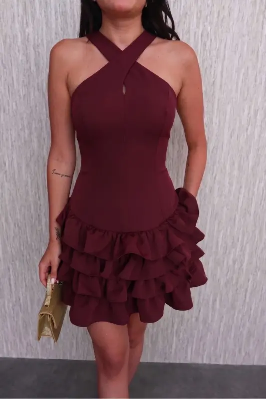 Bordo Çapraz Halter Yaka Katlı Fırfır Detaylı Mini Abiye/Mezuniyet Elbise - Bordoo - Burgundy - 4