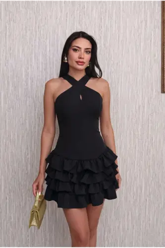 Bordo Çapraz Halter Yoqa Qavatli Fırfır Tafsilotli Mini Oqshom/Bitiruv Ko‘ylagi - Blacck - Qora 