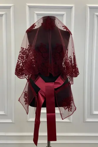 Bordo Çift Desen Flok Baskı Simli Gelin Duvak Kuşak Eldiven Set - FLOKÇİFTDESENBORDO 