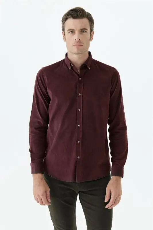 Bordo Comfort Fit %100 Pamuk Kadife Gömlek - 1