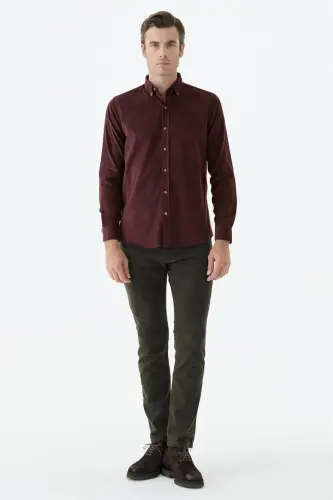 Bordo Comfort Fit %100 Pamuk Kadife Gömlek - 3