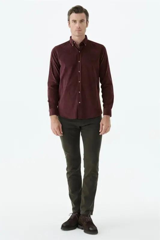 Bordo Comfort Fit %100 Pamuk Kadife Gömlek - 3