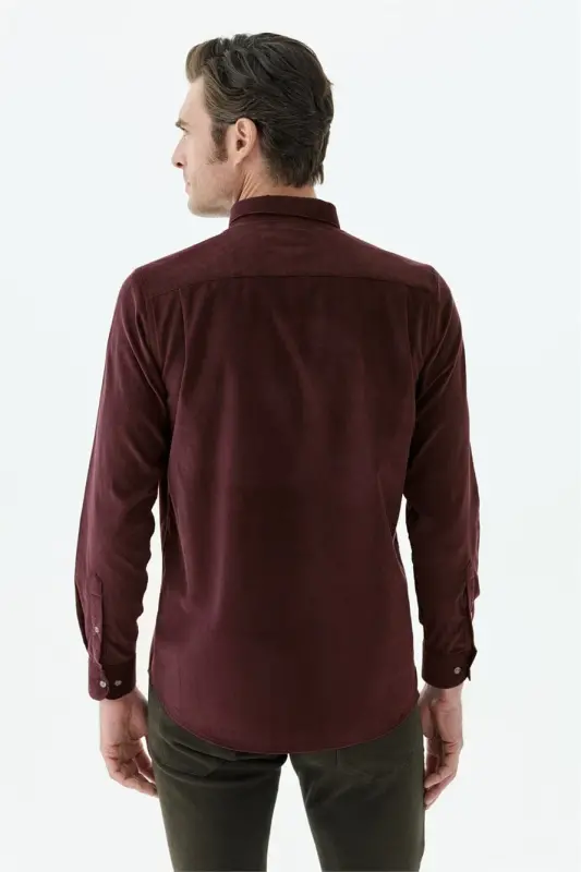 Bordo Comfort Fit %100 Pamuk Kadife Gömlek - 5