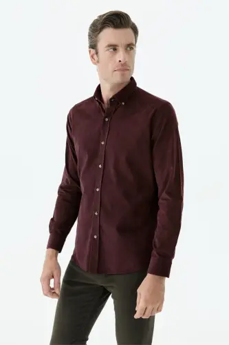 Bordo Comfort Fit %100 Pamuk Kadife Gömlek - Jakamen (1)