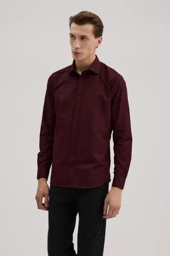 Bordo Comfort Fit Alttan Düğmeli Yaka Desenli Gömlek - JAKAMEN (1)