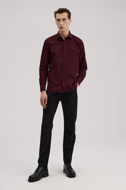 Bordo Comfort Fit Alttan Düğmeli Yaka Desenli Gömlek - 1