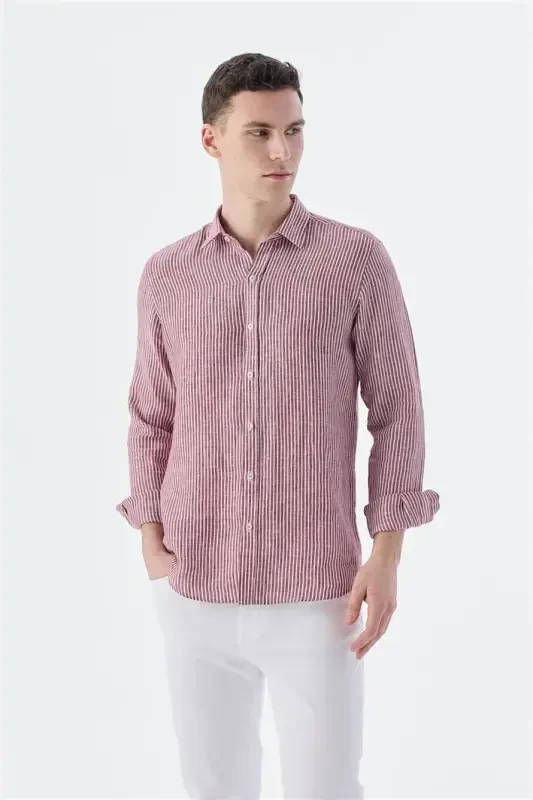 Bordo Comfort Fit Chiziqli 100% Zig'ir Ko'ylak - 1