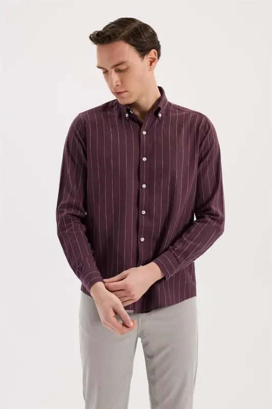 Bordo Comfort Fit Düğmeli Yaka Pamuklu Gömlek - 1