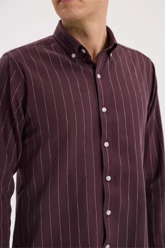 Bordo Comfort Fit Düğmeli Yaka Pamuklu Gömlek - 3