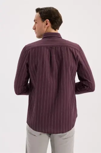 Bordo Comfort Fit Düğmeli Yaka Pamuklu Gömlek - 4