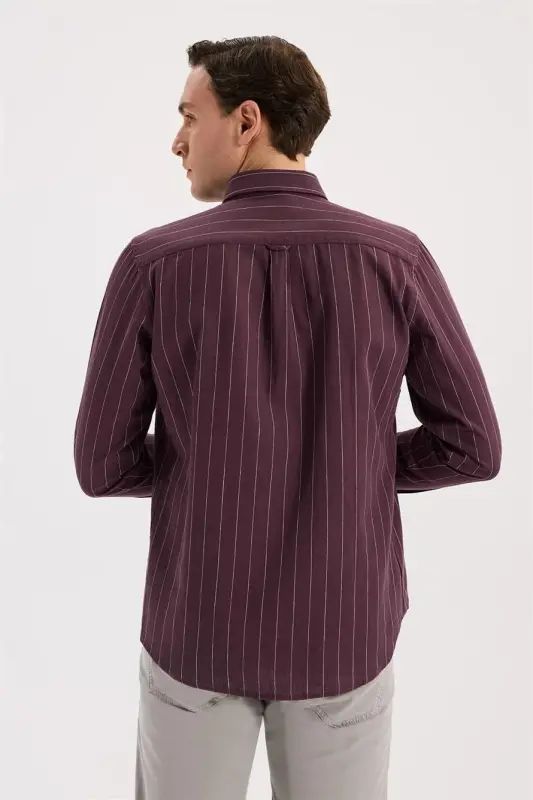 Bordo Comfort Fit Düğmeli Yaka Pamuklu Gömlek - 4