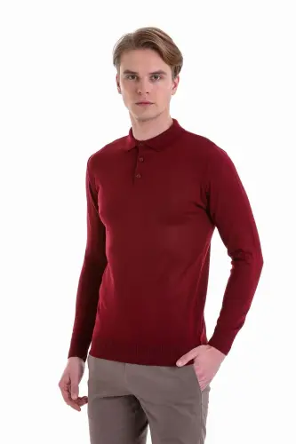 Bordo Comfort Fit Düz Polo Yaka Yünlü Yün Kazak-Bordo 