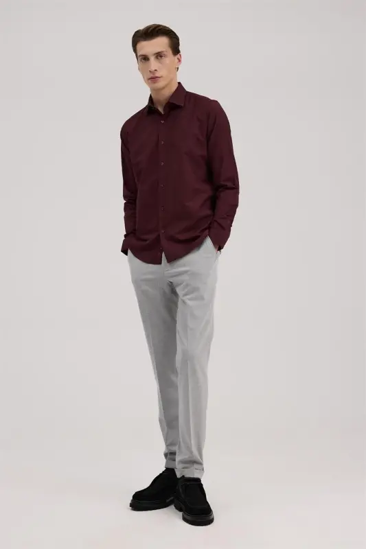 Bordo Comfort Fit Klassik Yoqa Paxta Aralash Ko'ylak - JAKAMEN