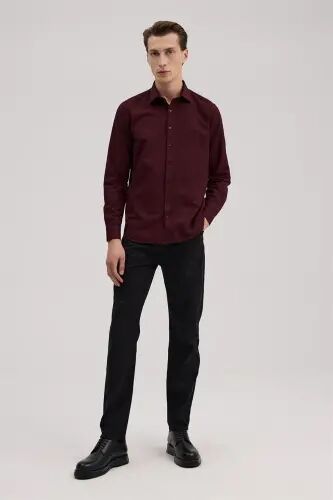 Bordo Comfort Fit Pastak Yaka Naqshli Ko'ylak 