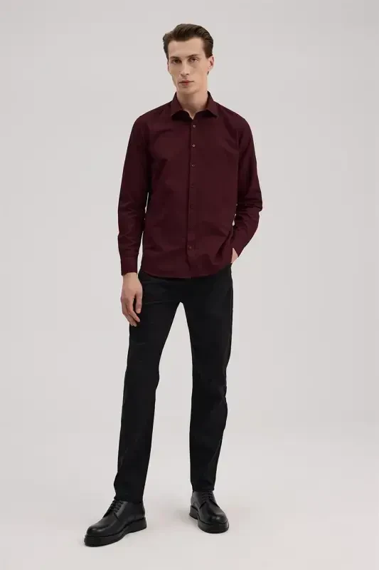 Bordo Comfort Fit Pastdan Tugmali Yoqali Naqshli Ko'ylak - 1