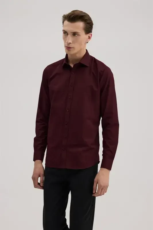 Bordo Comfort Fit Pastdan Tugmali Yoqali Naqshli Ko'ylak - 2