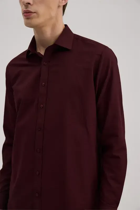 Bordo Comfort Fit Pastdan Tugmali Yoqali Naqshli Ko'ylak - 3