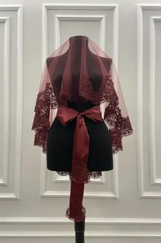 Bordo Dantelli Gelin Duvak Eldiven Kuşak Komple Set-Bordo - ZEYMERADE (1)