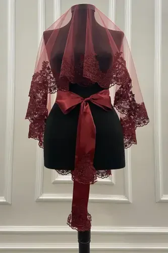 Bordo Dantelli Kelin Duvoq Qo'lqop Kamar Komplekt - Bordo - 1