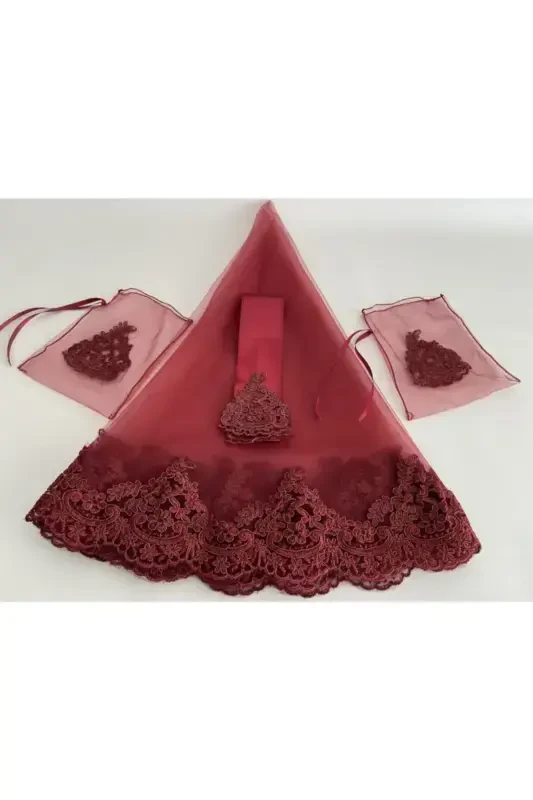 Bordo Dantelli Kelin Duvoq Qo'lqop Kamar Komplekt - Bordo - 6