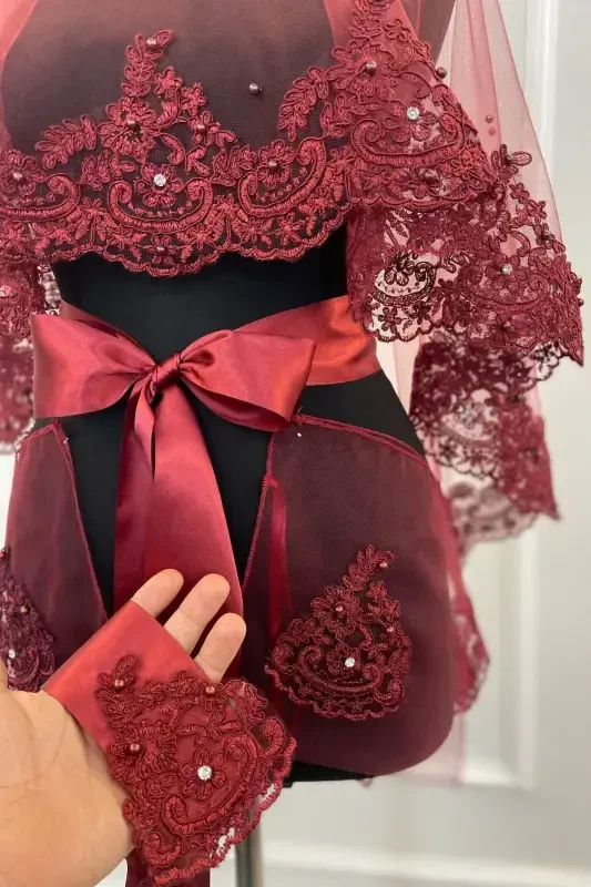 Bordo Dantelli Parlak Taş Ve Inci Süslemeli Gelin Duvak Seti Alı, Kına Gecesi, Düğün-BORDOZARİFSWAROVSKİ - 2