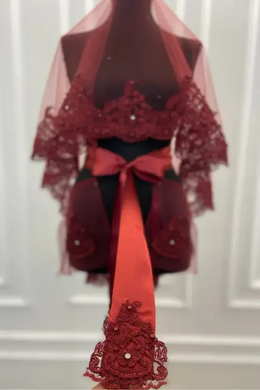 Bordo Dantelli Parlak Taş Ve Inci Süslemeli Gelin Duvak Seti Alı, Kına Gecesi, Düğün-BORDOZARİFSWAROVSKİ - 3